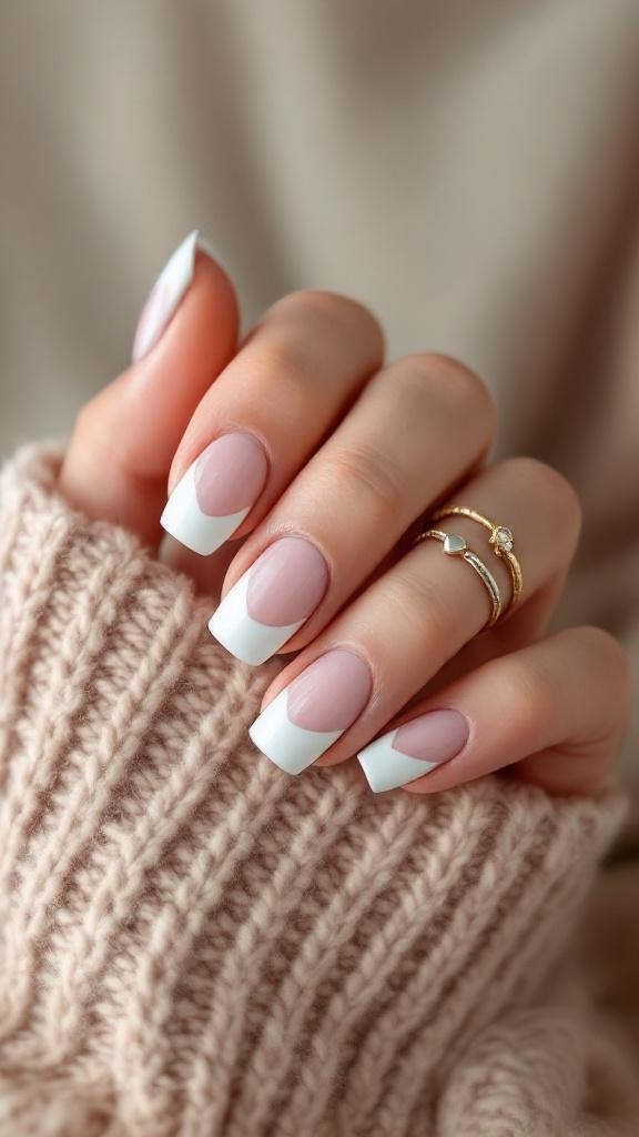 Short nails with classic French tips, featuring a pink base and white tips, held against a cozy knit sweater.