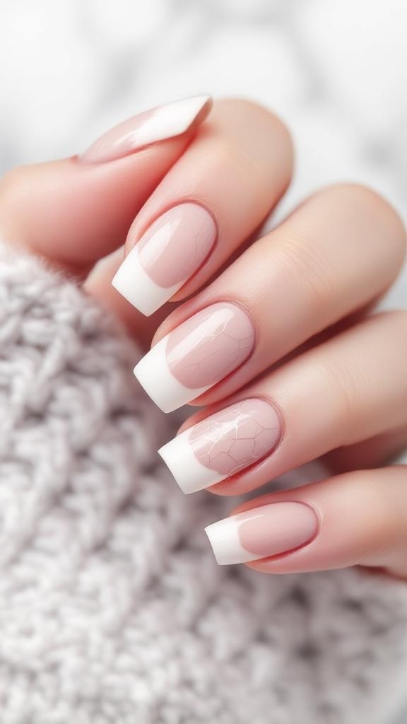 Classic French tip nails with a twist, featuring a nude base and glittery accents.