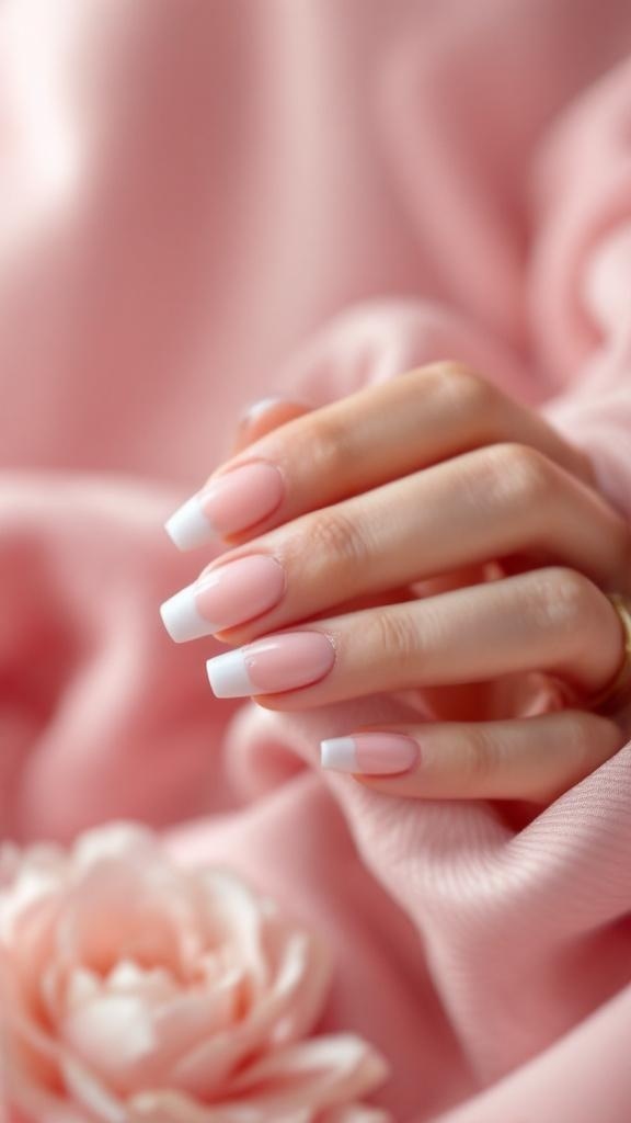 A hand with classic French tip gel nails, featuring a soft pink base and white tips, resting on a pink fabric with a flower.
