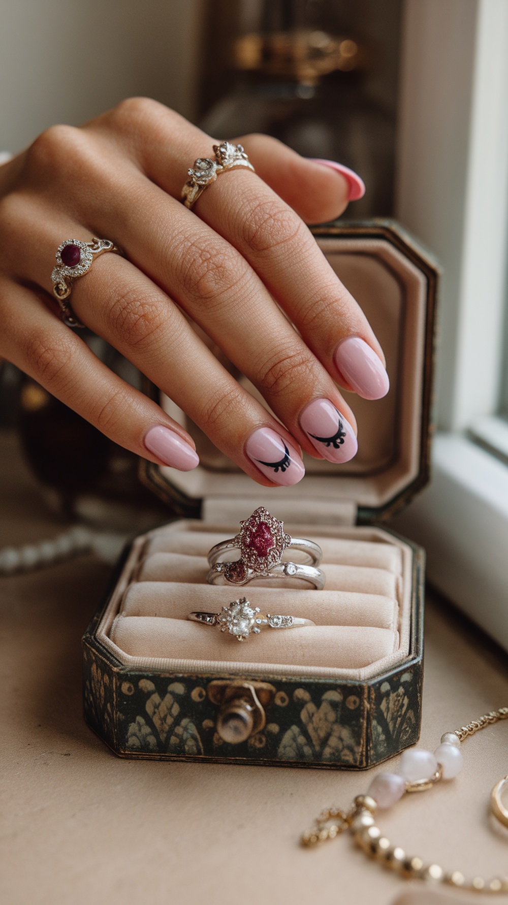 A hand with classic pink cat eye nails, adorned with elegant rings, resting on a jewelry box.