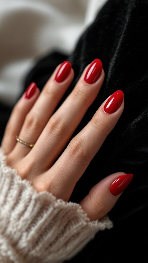A hand with classic red nails, elegantly manicured, wearing a simple gold ring, against a soft background.