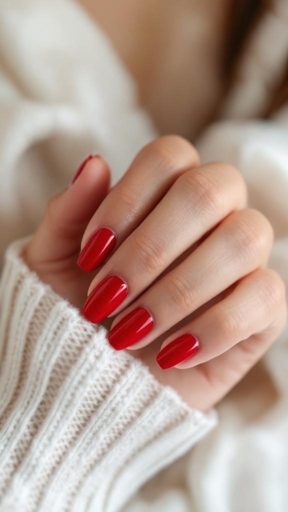 Close-up of classic red nails with heart details, resting on a cozy sweater.
