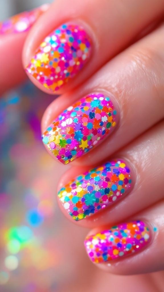 A close-up of colorful glitter nails with a soft base and vibrant tips.