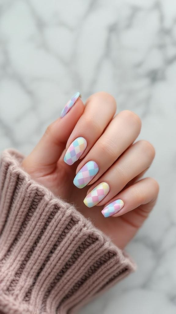 Colorful pastel checkered nail design on a hand with a cozy sweater
