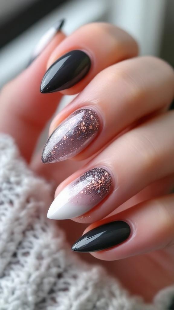 A close-up of hands with cat eye nails featuring a soft pink base and shimmering tips, wearing a gold ring, and a cozy sweater.