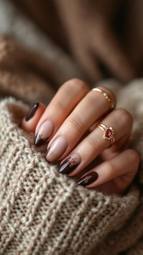 A hand with dark brown nails featuring a nude accent and delicate nail art, adorned with rings, resting on a cozy knitted fabric.
