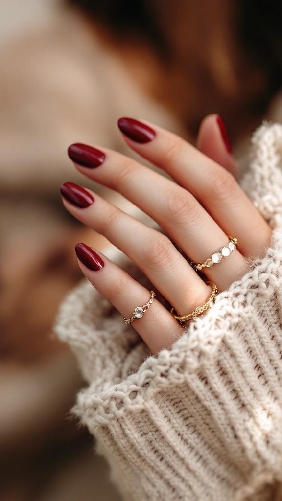 A close-up of hands with dark cherry red nails, adorned with gold rings, wearing a cozy knitted sweater.