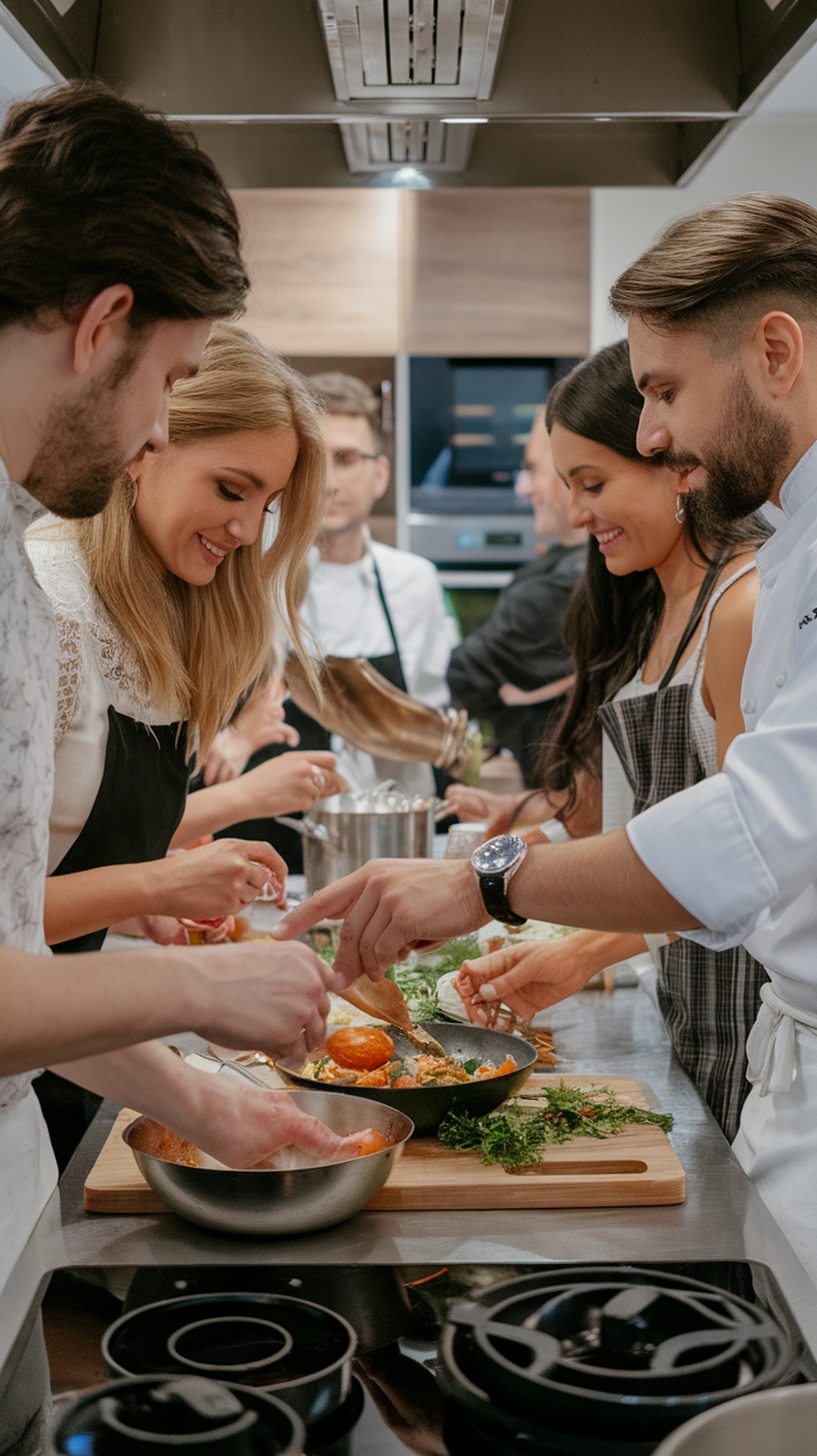 A group of people enjoying a cooking class, preparing food together in a kitchen.