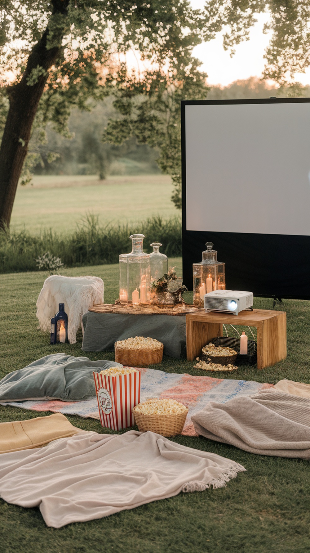 Outdoor movie night setup with blankets, popcorn, and a projector under the stars