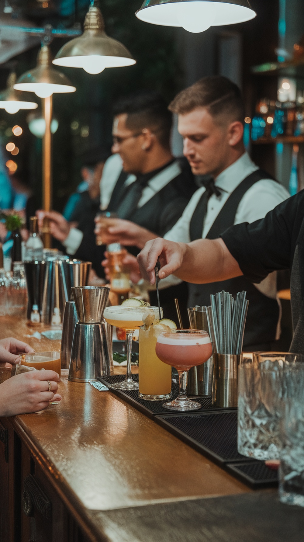 Bartenders preparing cocktails at a stylish bar during an engagement party.