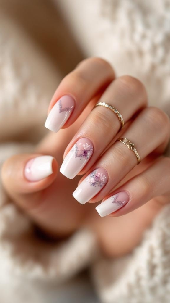 Creative French manicure with floral designs and glitter accents on elegantly shaped nails.