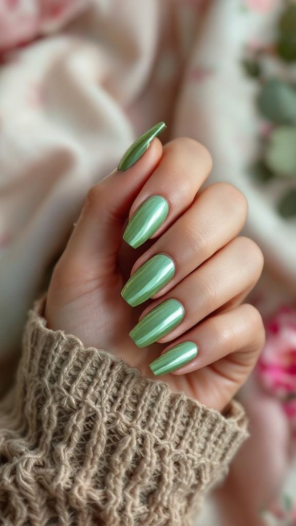 A hand with green chrome nails, showcasing a mix of square and almond shapes, against a soft background.