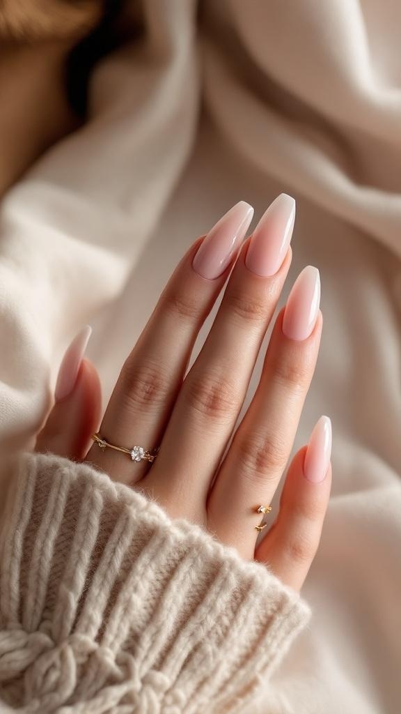 A close-up of elegantly shaped pink nails with gold rings on a cozy background.