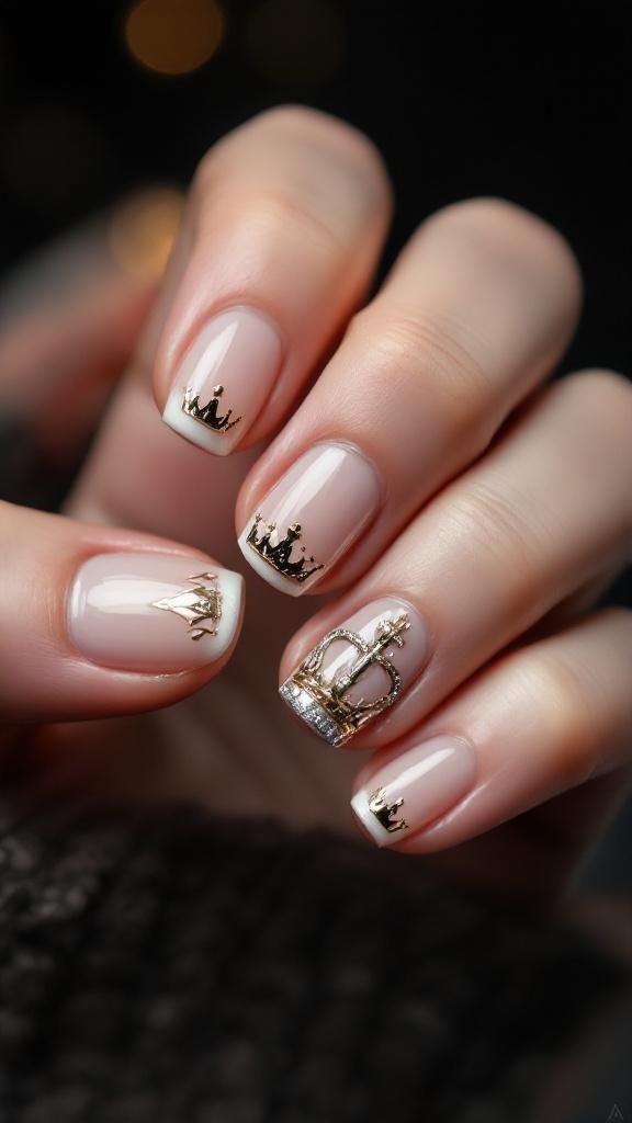 Nails with gold crown accents on a nude base, paired with gold rings