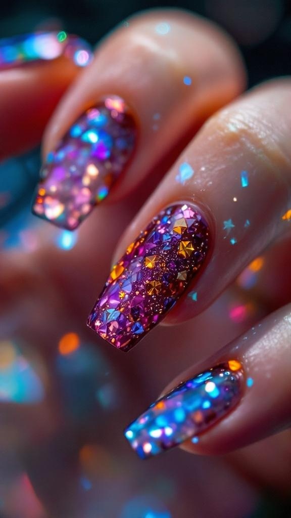A hand with crystal-infused nails and delicate rings, showcasing a soft French tip design.