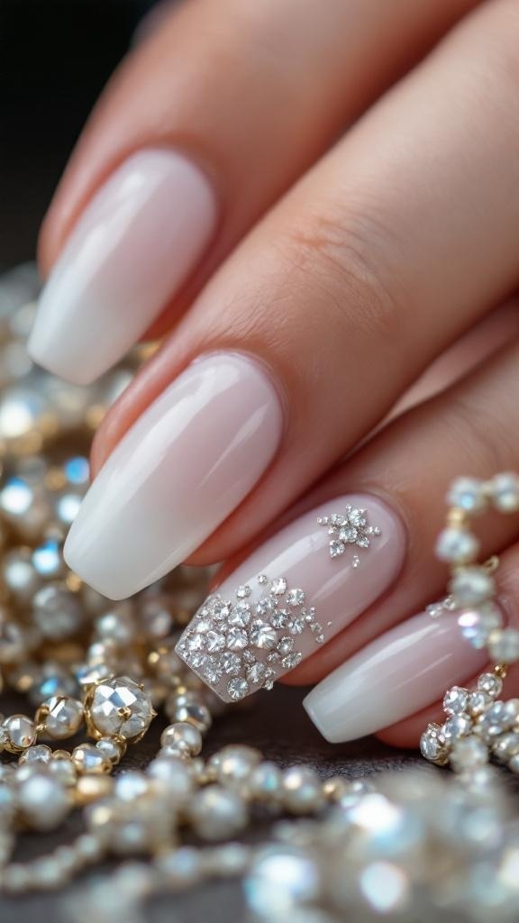 Elegant white wedding nails with crystal accents