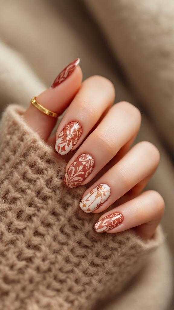 A close-up of beautifully designed nails featuring cultural patterns on a cozy knitted fabric.