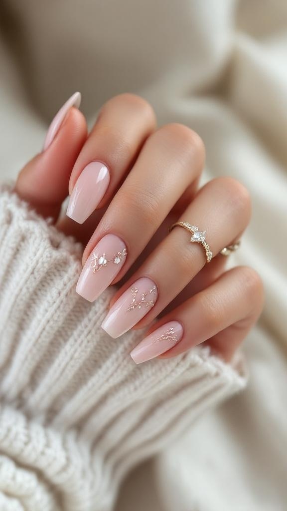 A close-up of beautifully manicured nails with a soft pink base and delicate gold accents.