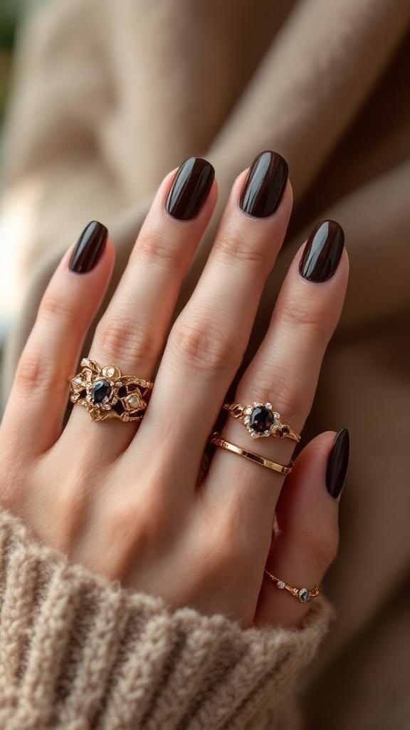 A hand with dark brown nails adorned with several elegant rings, showcasing a stylish look.