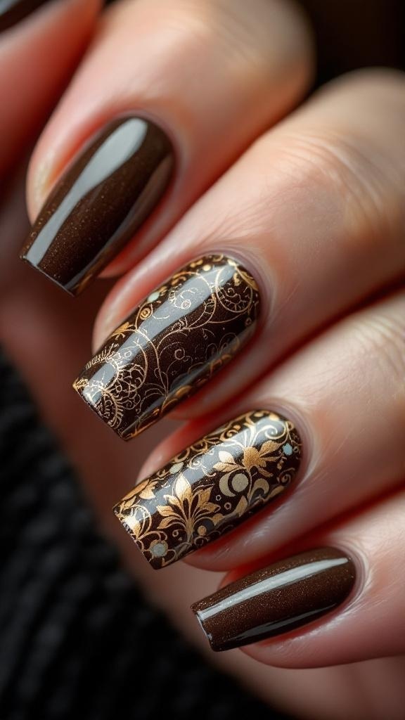 Close-up of dark brown nails with floral designs on a cozy sweater