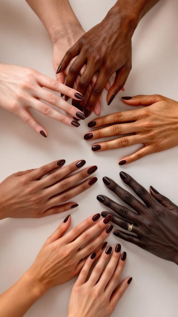 A close-up of hands with dark brown nails and intricate nail art designs, showcasing a cozy aesthetic.