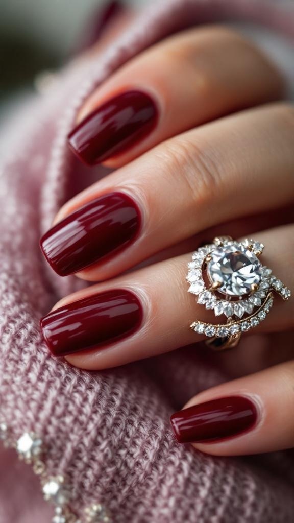 Close-up of hands with dark cherry red nails and elegant rings