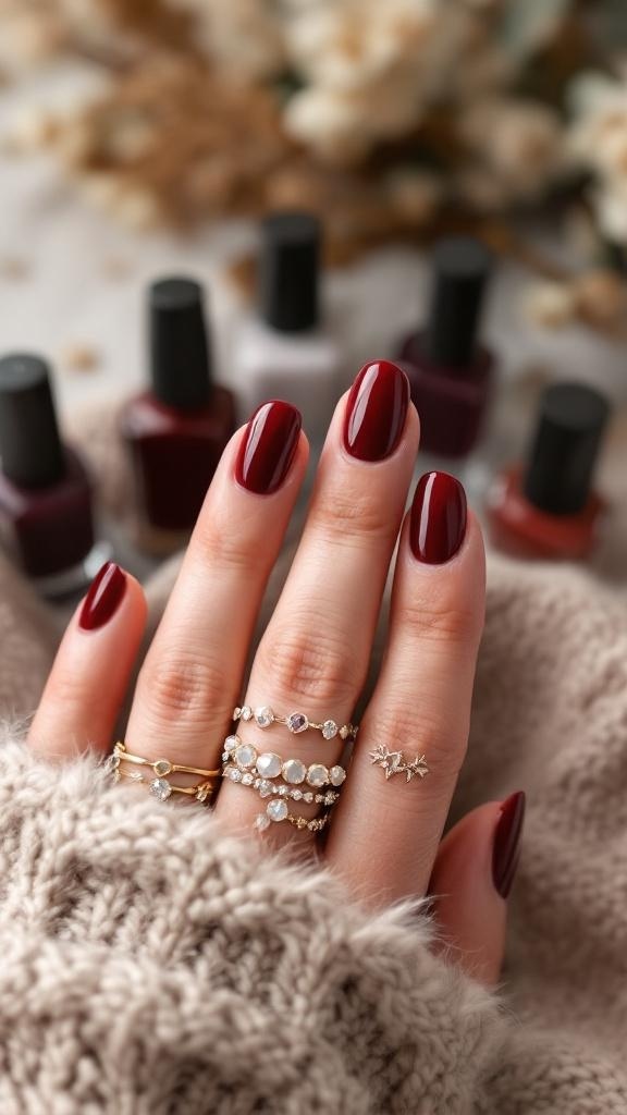 A hand with dark cherry red nails adorned with rings, surrounded by various nail polish bottles.