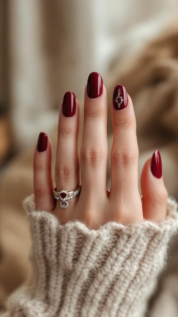 A hand with dark cherry red nails, wearing rings, against a soft background.