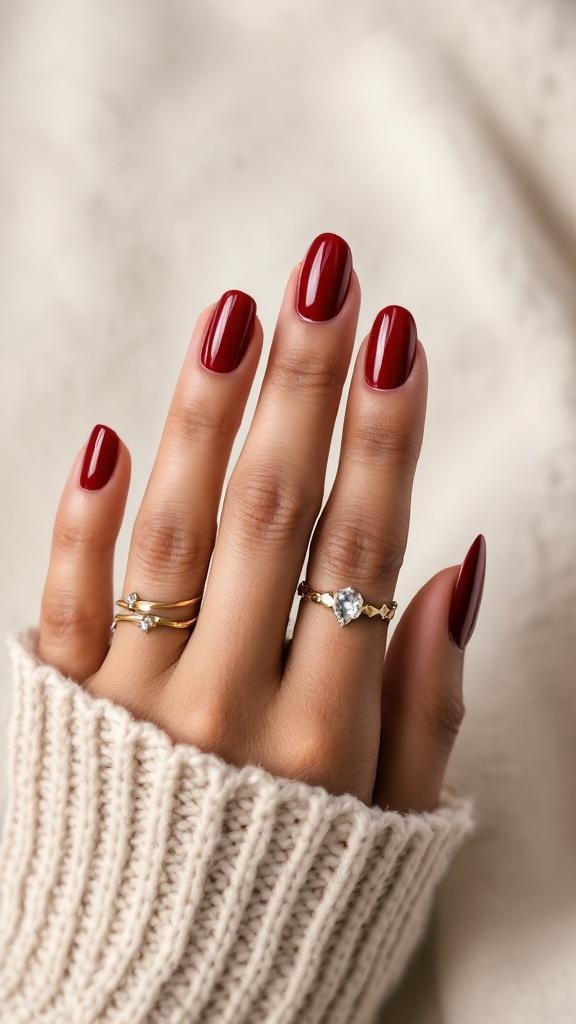 Close-up of a hand with dark cherry red nails and gold rings, wearing a cozy sweater.