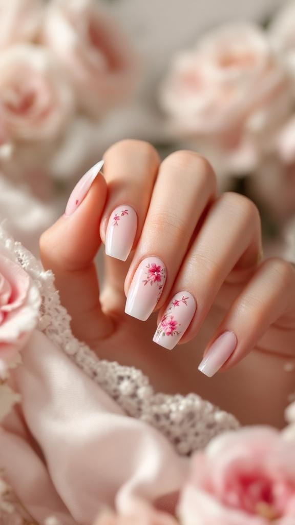 A close-up of bridal nails featuring delicate pink floral designs on a white base.