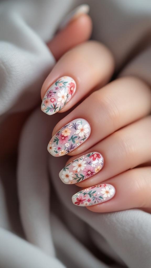 A hand with delicate floral almond nail art, featuring pink and white flowers on a soft pink background.