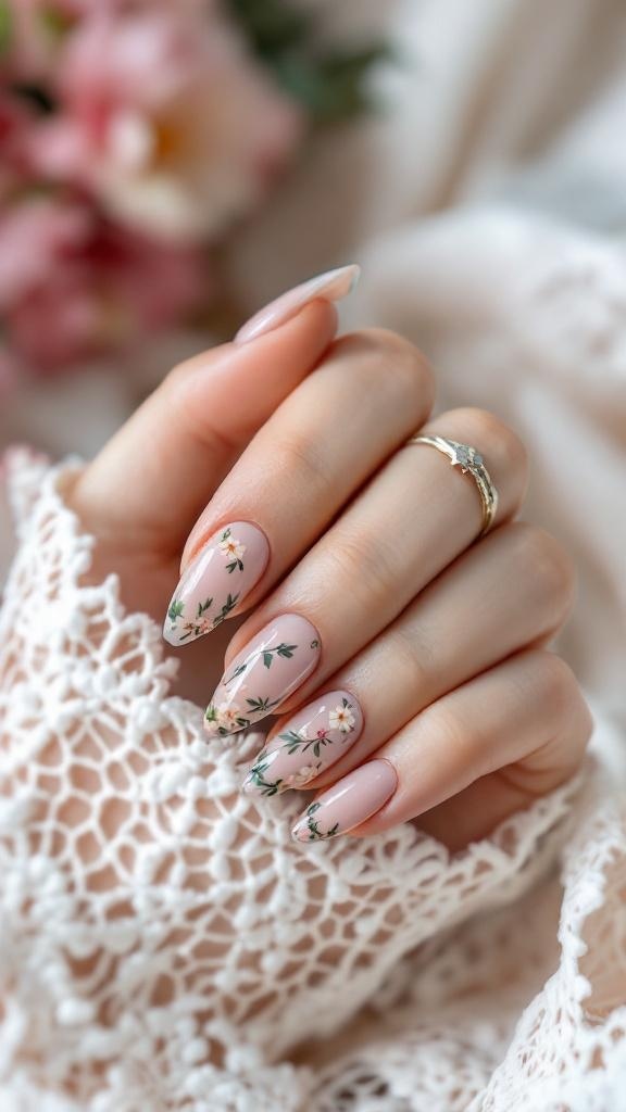 Wedding gel nails with delicate floral designs on a light background