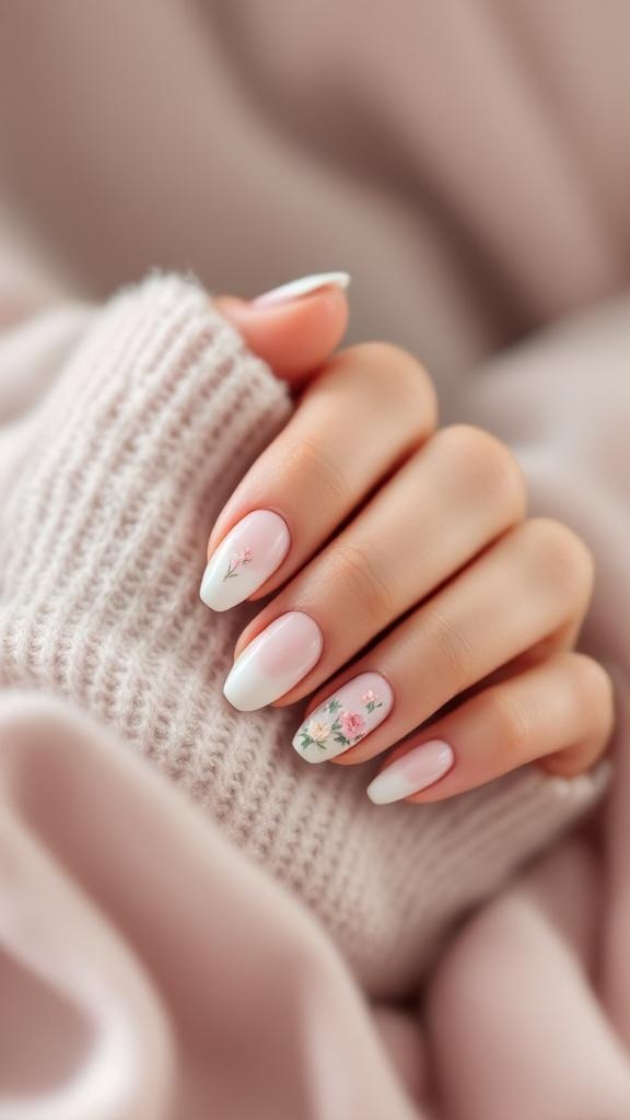 A hand with delicate floral nail art featuring soft pink flowers on a white background, resting on a cozy knitted fabric.