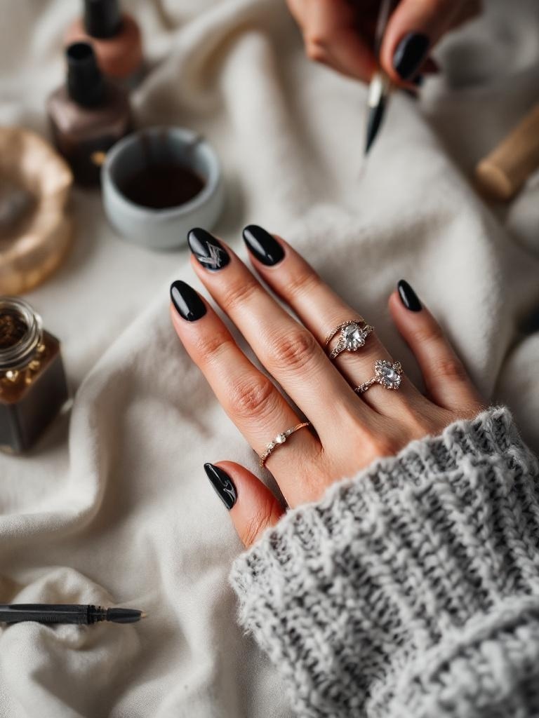 Close-up of black nails with nail art designs, surrounded by nail polish and tools on a soft surface.