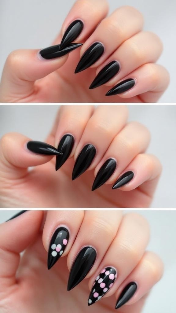 A close-up of stylish black stiletto nails with a mix of nude shades and nail art.