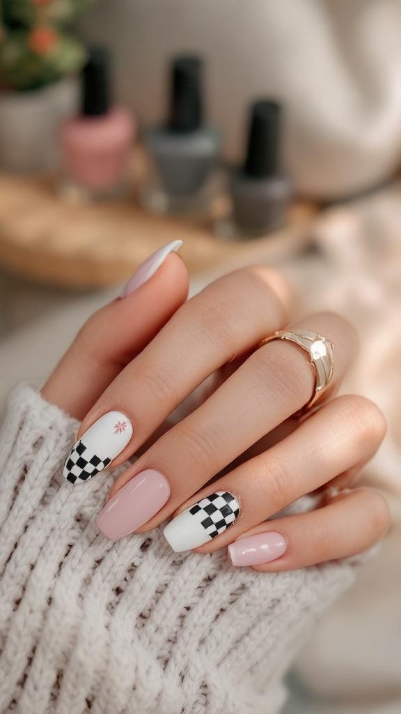 A close-up of hands with checkered nail art, featuring a mix of pastel colors and a cozy sweater.