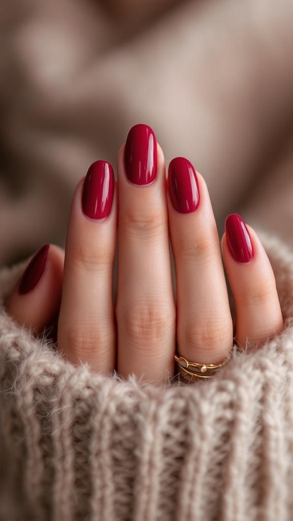 Close-up of hands with dark cherry red nails, wearing rings, resting on a cozy sweater.