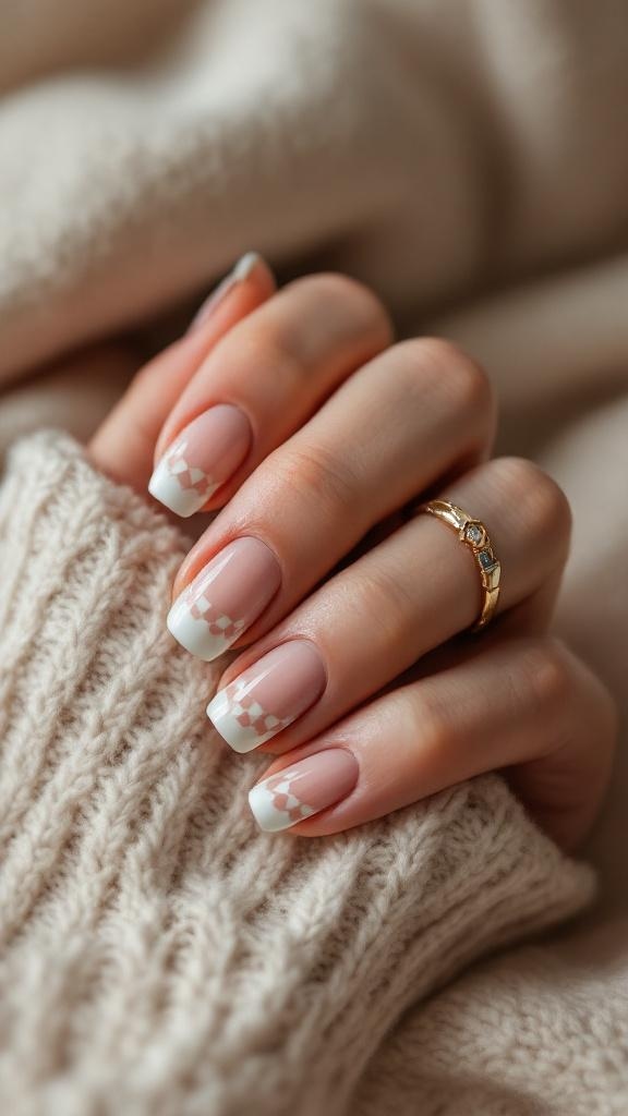 A hand with checkered French tip nails resting on a knitted sweater.