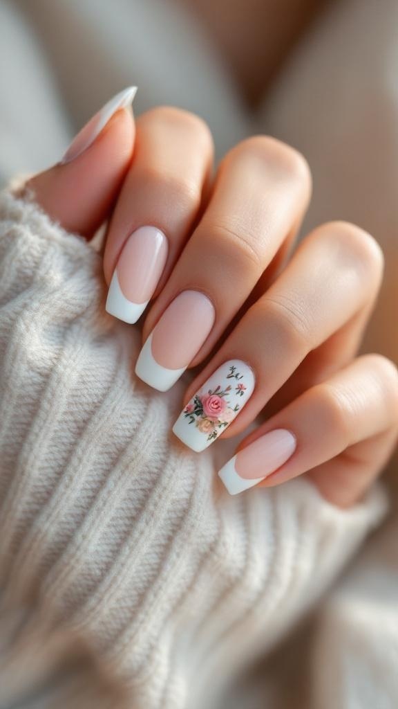 Nails featuring elegant French tips with a floral design on one nail, resting on a cozy sweater.