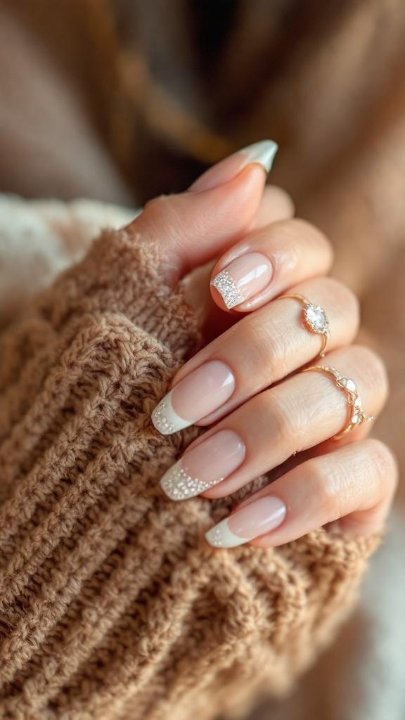Close-up of elegant French tip nails with bling, resting on a cozy knitted sweater.