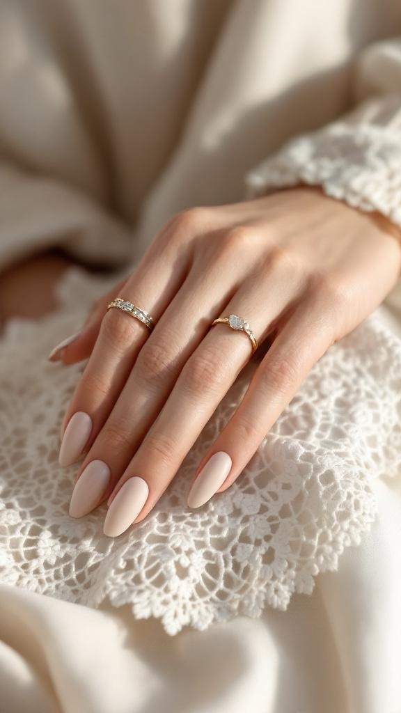 Close-up of bridal hands with matte finish nails and delicate rings on lace fabric.