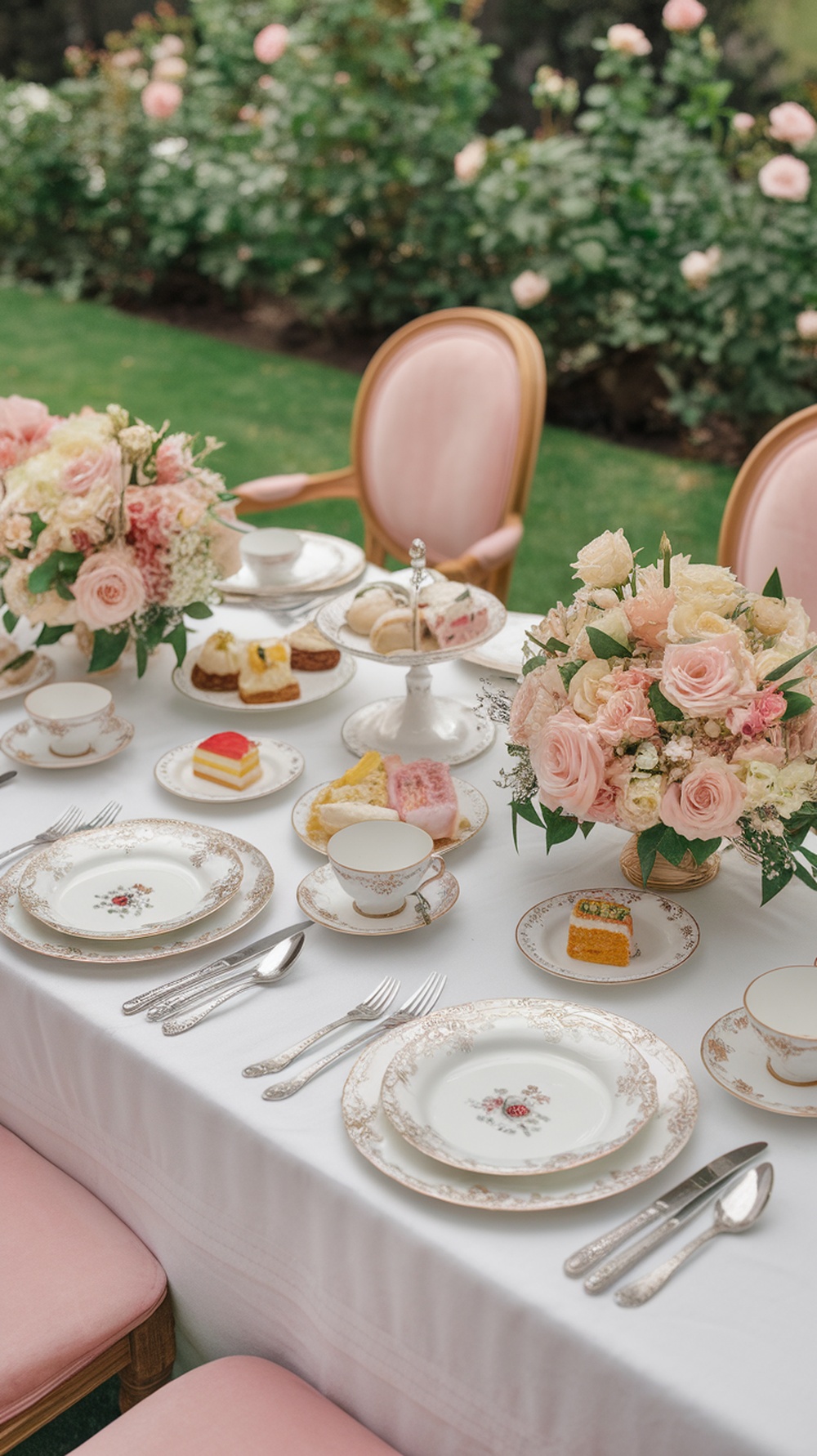 A beautifully arranged outdoor tea party table with floral centerpieces, fine china, and an assortment of pastries.