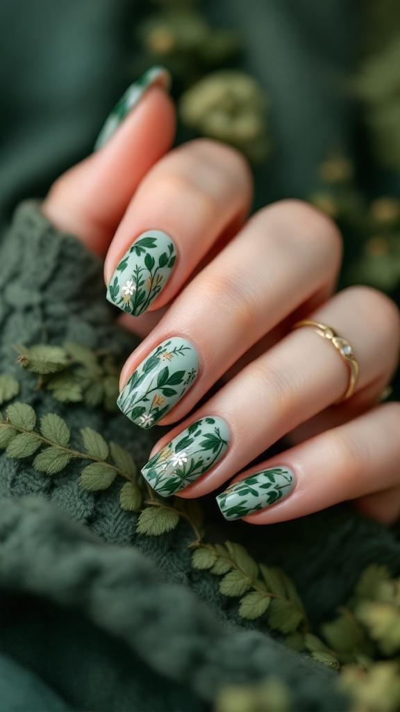 Close-up of beautifully manicured nails with green foliage designs on a soft green background.