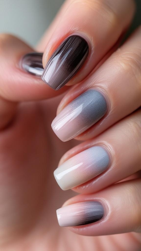 Close-up of hands with ombre nails transitioning from nude to black, adorned with delicate rings.