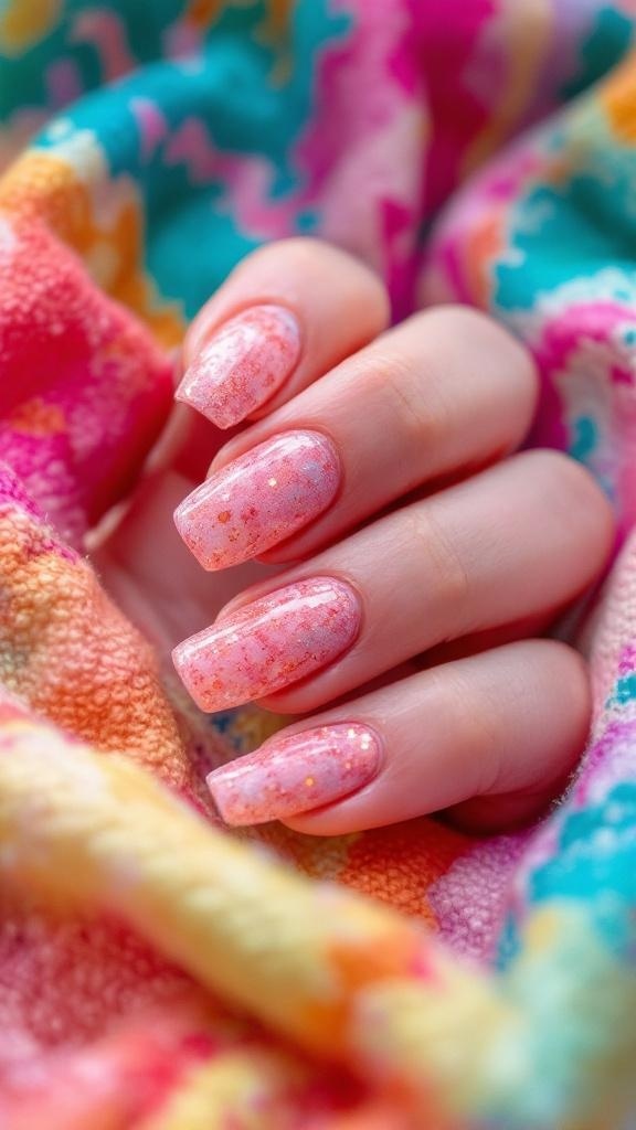 Close-up of hands with faded pink glitter nails, adorned with silver rings, resting on a colorful silk fabric.