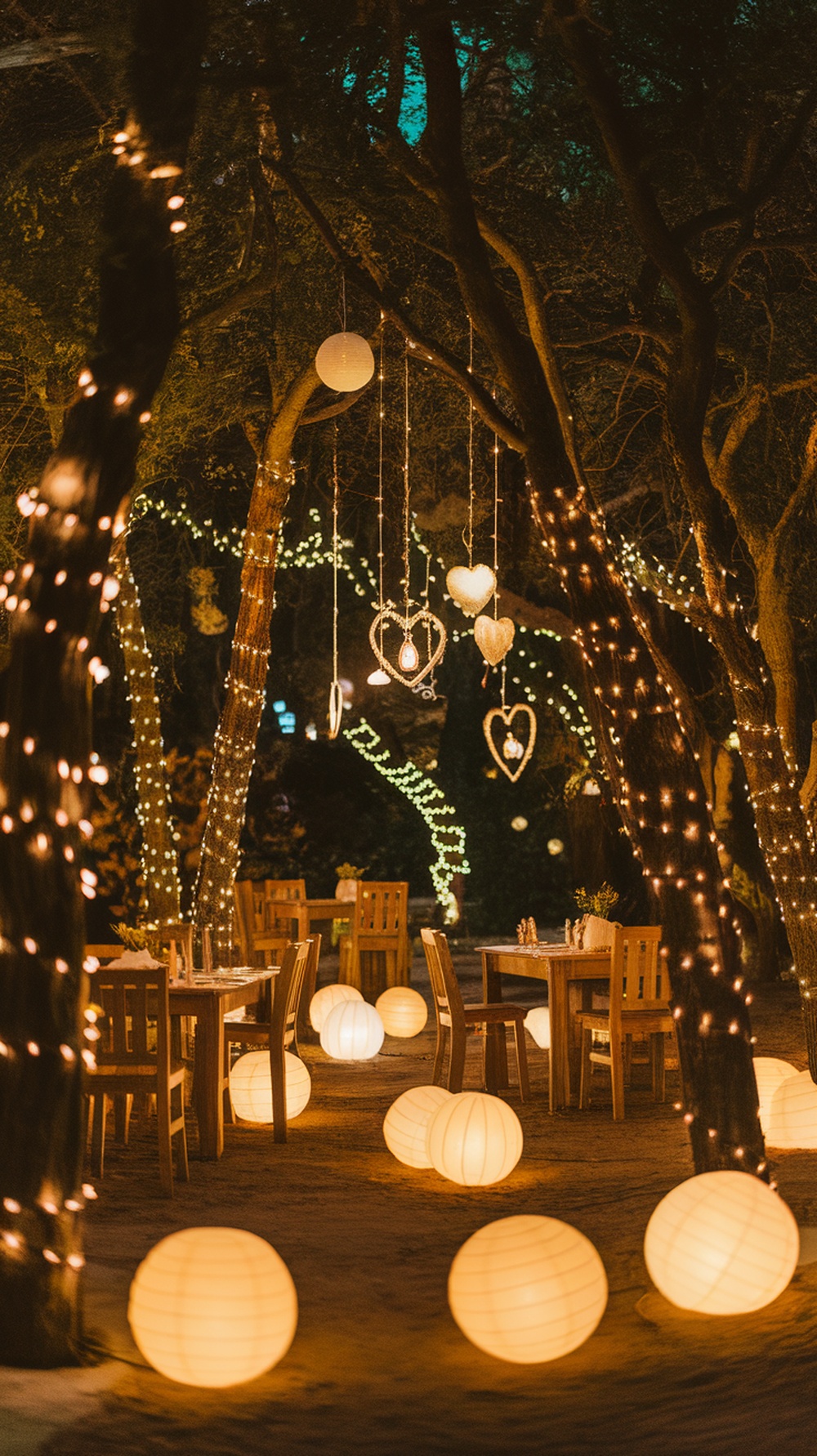 A beautifully decorated outdoor space with trees wrapped in lights, wooden tables, and lanterns, creating a magical atmosphere for an engagement party.