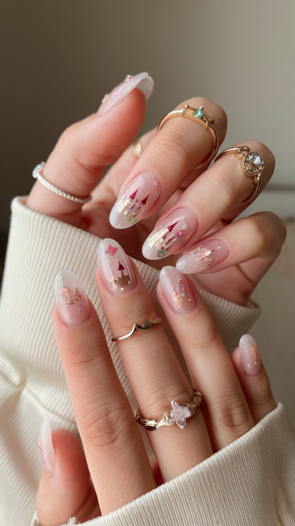 Nail art featuring fairy tale designs with castles and stars on a soft pink base.