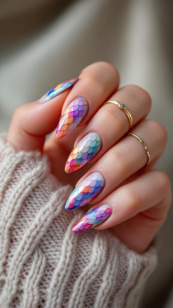 Colorful mermaid scale nail art with a gradient design