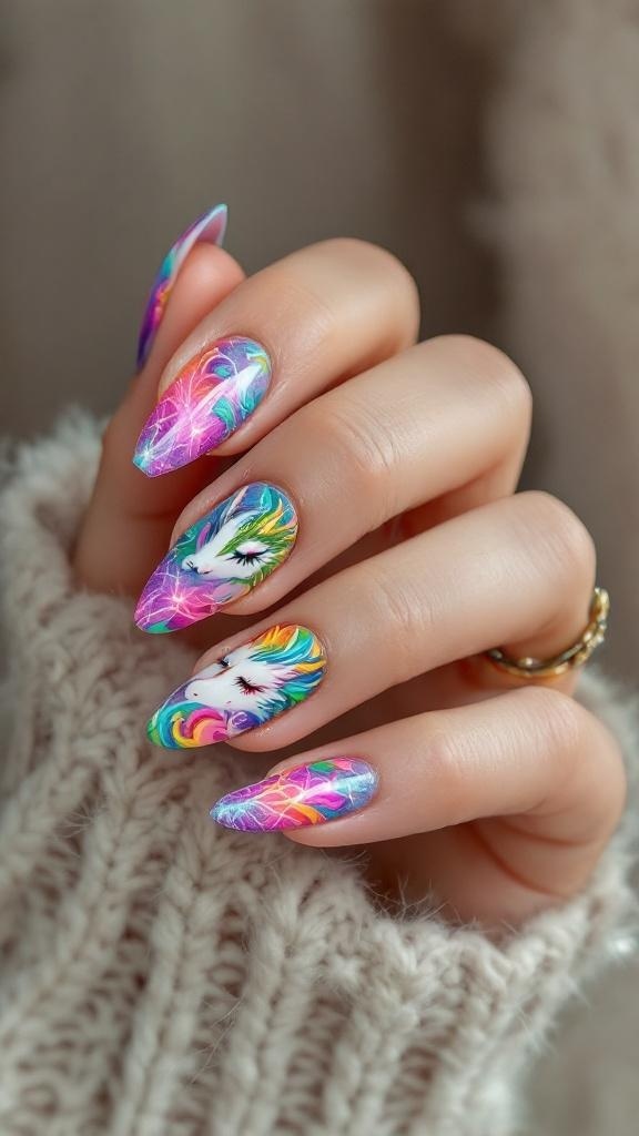 Colorful fantasy creature nail art featuring a unicorn and vibrant patterns.