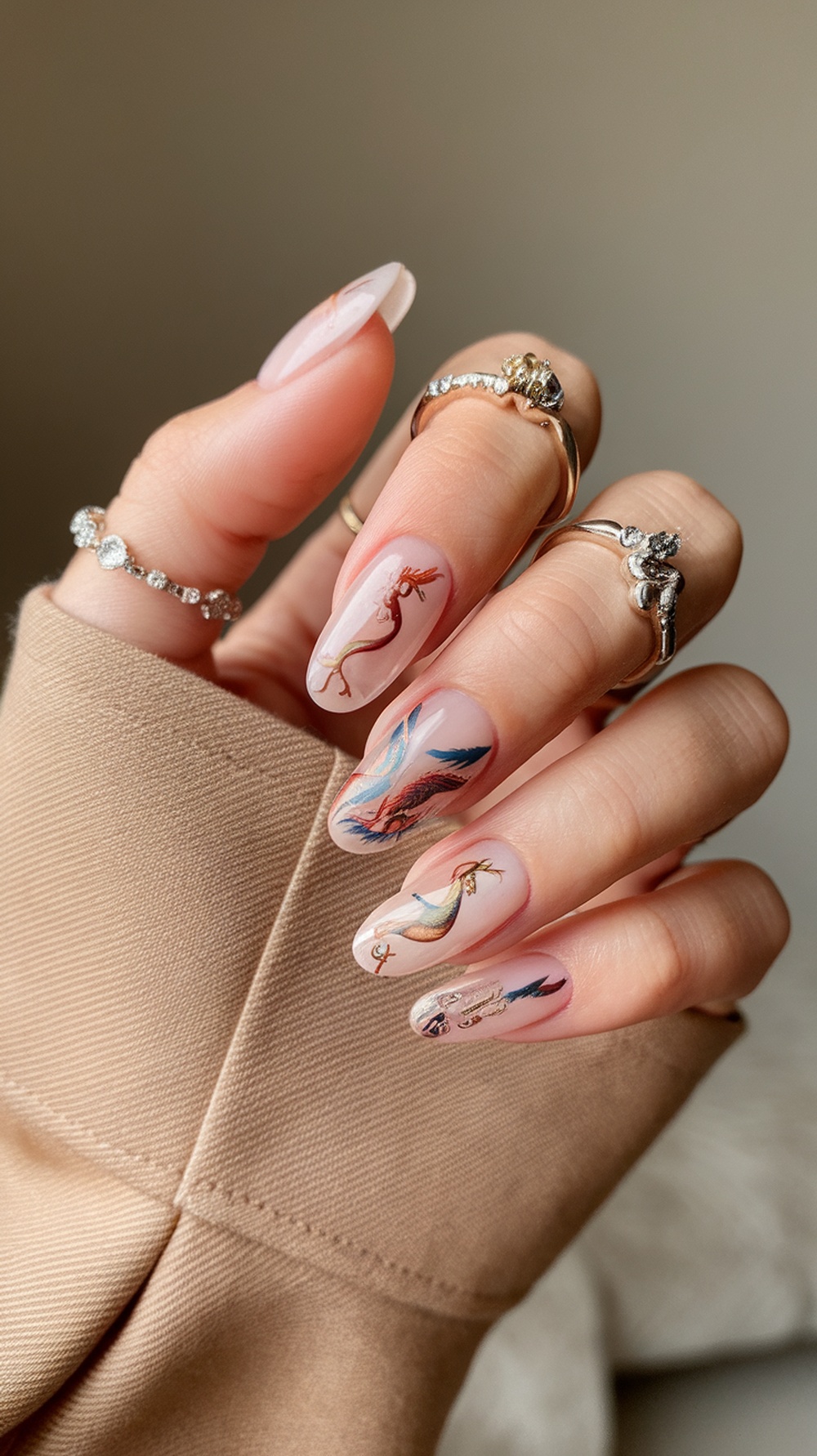 A hand showing fantasy themed nail wraps with designs of dragons and mermaids.